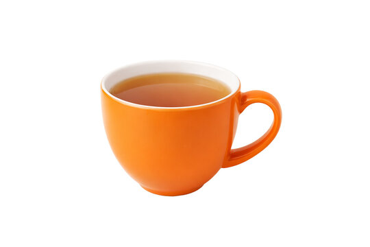 Orange ceramic cup filled with tea, isolated on transparent background.