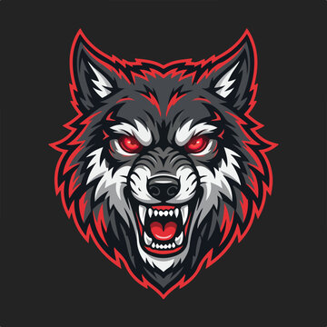 Fierce wolf mascot head logo with red glowing eyes.