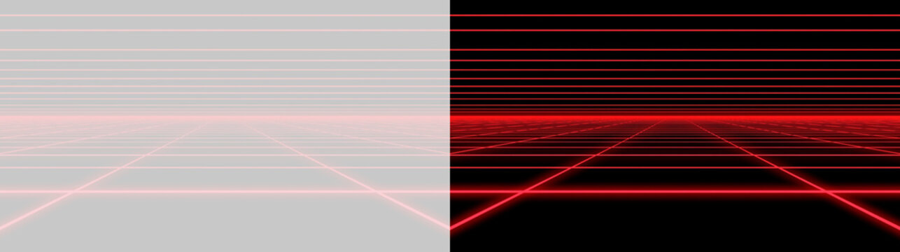 Transparent png glowing red grid overlay in futuristic digital wireframe perspective with square floor and neon line abstract background for tech infographic and virtual space designs room laboratory