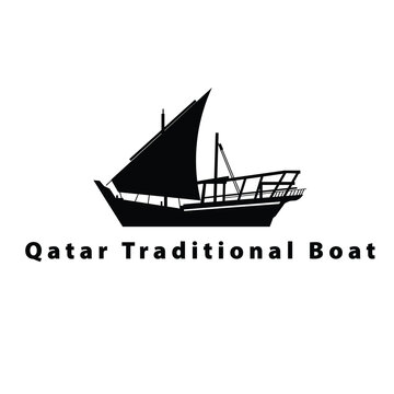 Traditional Qatari Dhow Boat Silhouette Arabian Wooden Sailing Vessel Maritime Heritage Minimal Black Vector Illustration Isolated on White Background