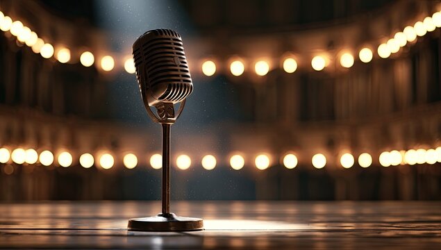 Vintage microphone bathed in spotlight on empty stage, warm lights glint