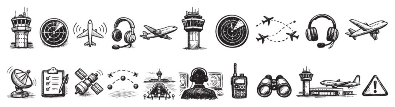 Collection of hand-drawn aviation icons in black and white, depicting various elements of air traffic control and flight operations on a clean white background