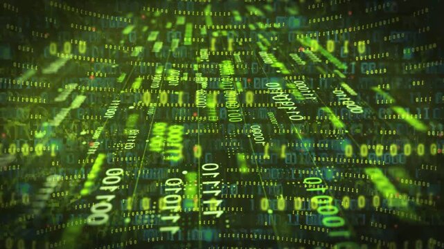 Digital data stream with flowing binary code in green and gold light representing high speed cyber security artificial intelligence