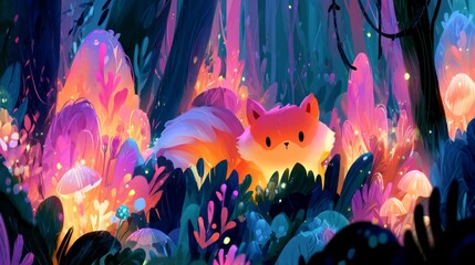 Fototapeta premium Charming Cartoon Fox in a Vibrant, Magical Forest Surrounded by Glowing Flora and Enchanting Lighting Effects