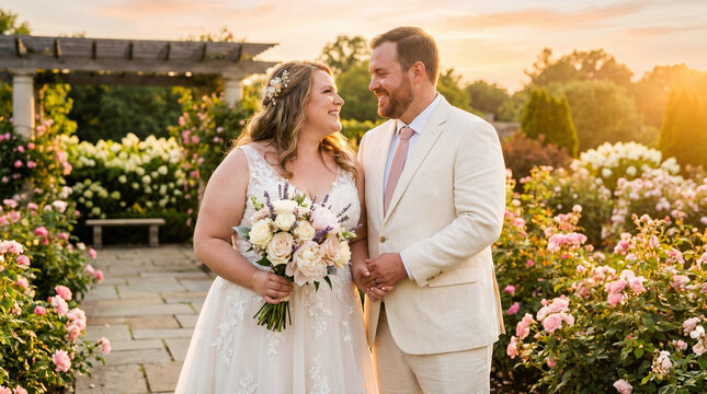 Plus-size couple holding hands in a sunny garden celebrating love and body positivity