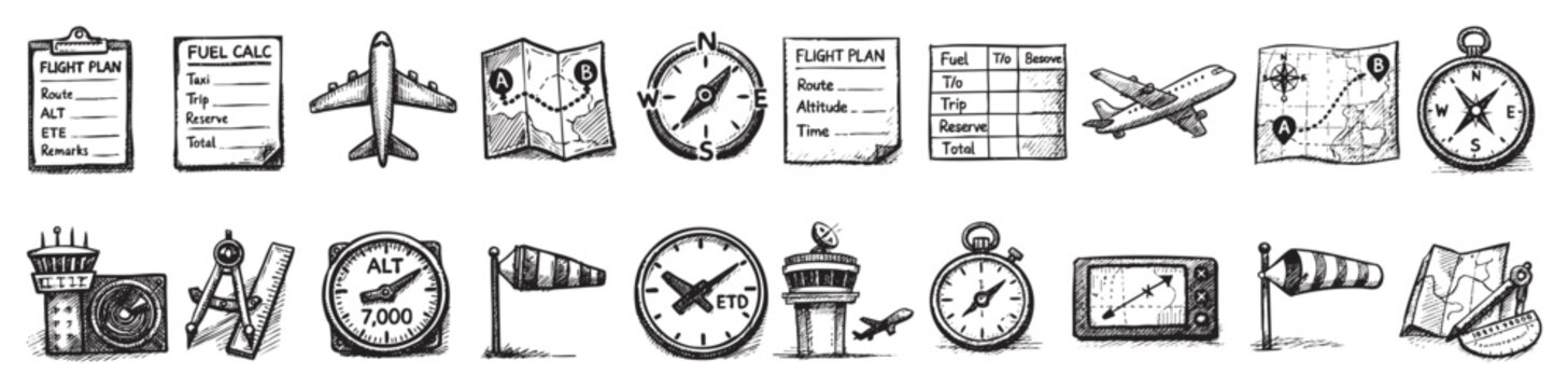 Collection of hand-drawn aviation and navigation icons, including flight plans, airplanes, maps, and compasses, in a clean white background