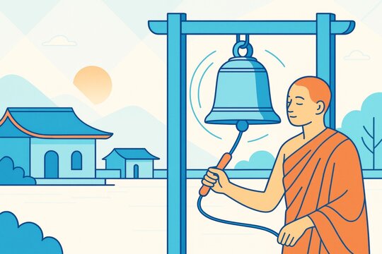 Buddhist monk ringing a large temple bell at sunrise in a traditional Asian setting with minimalist artistic style and peaceful background. Ai generative