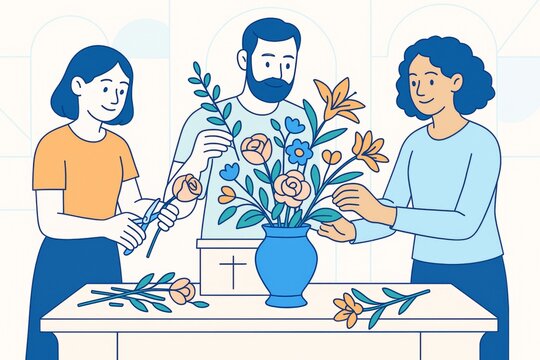 Group of people arranging flowers in a vase together on a table in a light abstract background, symbolizing unity and peaceful culture. Ai generative