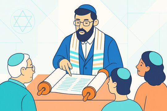 Rabbi teaching Jewish culture with Torah scroll to a diverse group in synagogue setting on light abstract background. Ai generative. Ai generative
