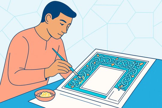 Artist adding gold details to intricate ornamental border on blank sheet, stylized illustration with light geometric background in clean layout. Ai generative