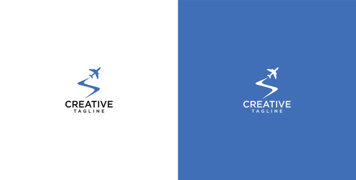 Modern abstract aviation concept logo design, combining a stylized letter S with an upward-flying airplane, representing dynamic global travel and creative solutions