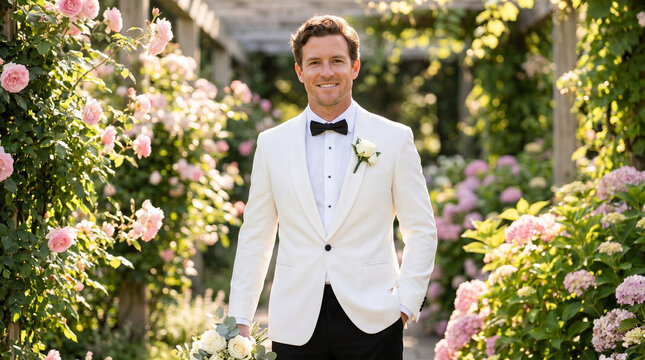 Groom in a white jacket and black trousers, smiling, holding a wedding bouquet in a blooming garden