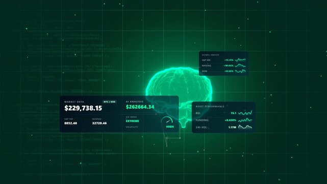 High-speed sequence tracking a bull market trading terminal featuring a glowing green financial data interface inside a rapid flow of algorithmic capital metrics displaying English metrics.