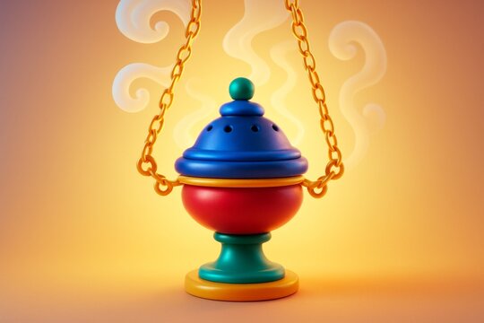 Colorful incense burner with golden chains and swirling smoke on warm background illustrating spiritual culture and aromatic light concept. Ai generative