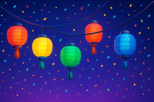 Colorful hanging lanterns in festive cultural celebration with glowing light effect and abstract background of floating confetti dots. Ai generative