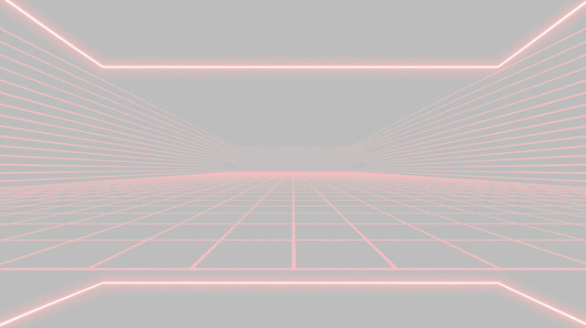 Transparent PNG futuristic digital grid room with neon perspective floor and wireframe lines overlay for sci-fi technology background design line square laboratory infographic tron