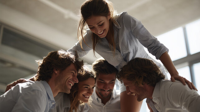  Creative team-building activity showcasing unity and teamwork in office.
