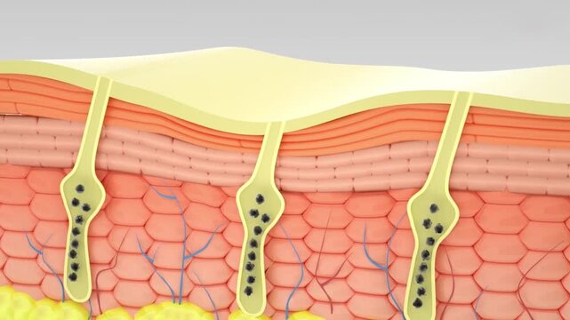 Essence removes blackheads, unclogs pores, and eliminates excess oil. It forms a protective barrier, tightens pores, prevents acne, and cleanses scalp follicles. Cosmetic ad in 3D animation.