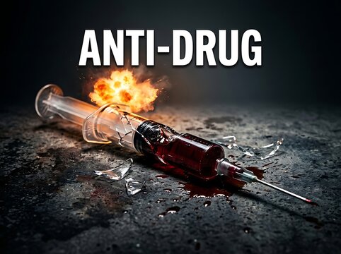 Broken syringe exploding with fire and shattered glass symbolizing strong antidrug campaign message