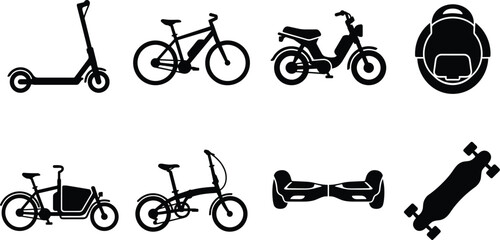 Electric Micro Mobility And Personal Urban Transportation Black Silhouette Icon Set Isolated On White Background © JanokChandra