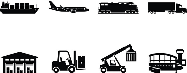 Obraz premium Global Logistics And Freight Transportation Silhouette Icon Set Featuring Cargo Ship Airplane Train Truck And Warehouse