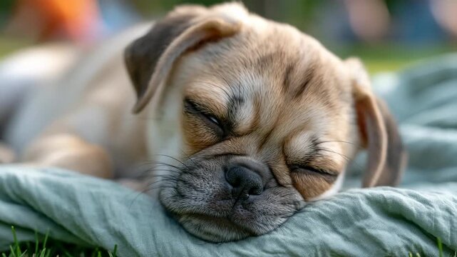 Pug puppy dozing on blanket in grassy outdoor setting