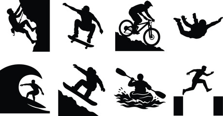 Extreme Sports And Outdoor Adventure Black Silhouette Icon Set Featuring Rock Climbing Surfing And Snowboarding © JanokChandra