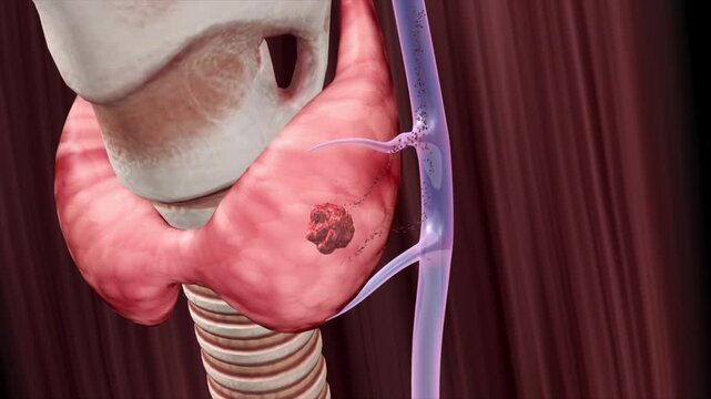Thyroid nodules are treated and gradually shrink, then eliminated through the bloodstream. This 3D animation visualizes hyperthyroidism, goiter, and endocrine system recovery.