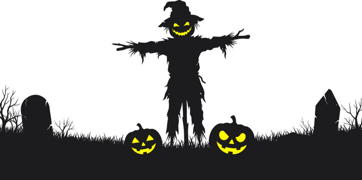 Spooky halloween scarecrow with glowing pumpkins in graveyard
