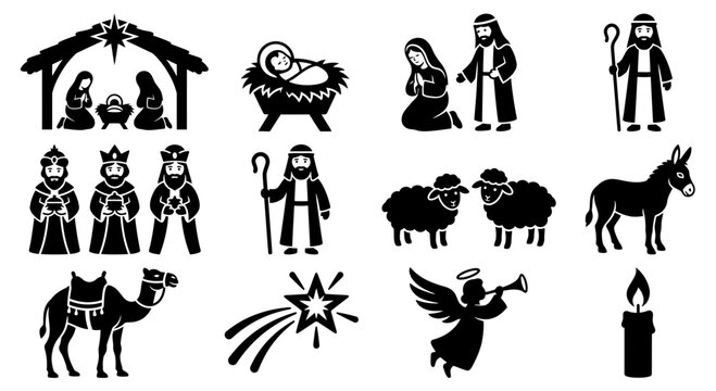 Christmas Nativity Scene Icons - Black Silhouette Set