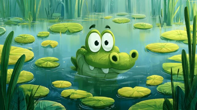 Cartoon Crocodile Peeking Out of Swamp Water Surrounded by Lily Pads in a Lush Green Environment