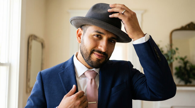 Stylish groom adjusting his felt hat with confident style in a bright indoor setting