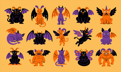 Obraz premium Set of cute cartoon monsters and demons, collection of colorful mythical creatures for halloween, vector illustration