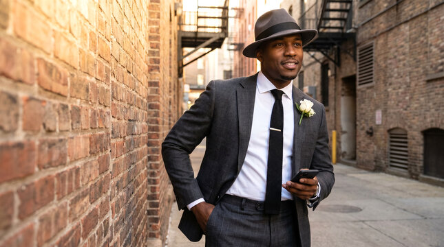 Stylish modern groom wearing a felt hat, side angle view of a groom in a felt hat in an urban alley, concept of contemporary groom fashion and modern elegance, a fashionable groom leaning against a wa