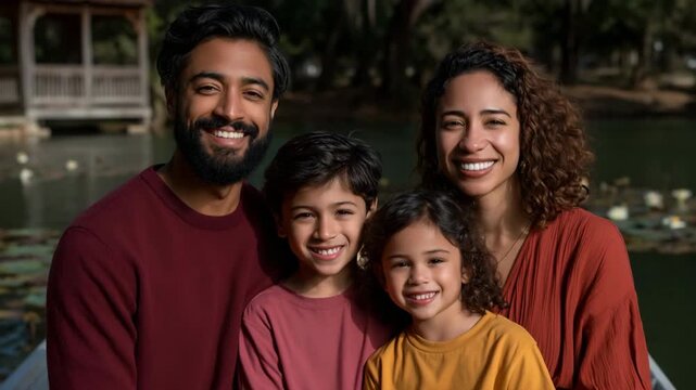 Family of four smiling together by pond with gazebo