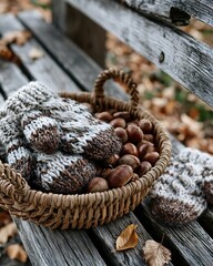 Obraz premium Autumn Harvest Basket with Knit Mittens on Rustic Wooden Bench Background