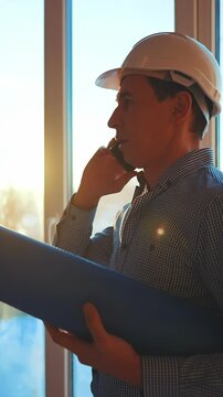 A man in a white helmet is holding blueprints while talking on the phone. The man appears focused as sunlight pours through large windows in the background.