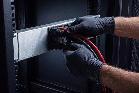 Technician Plugging Power Cables into Server Rack
