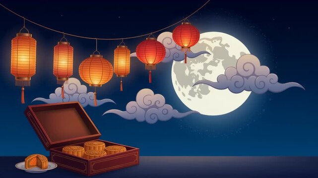 Animated Mid-Autumn Festival background with mooncakes, lanterns, and full moon