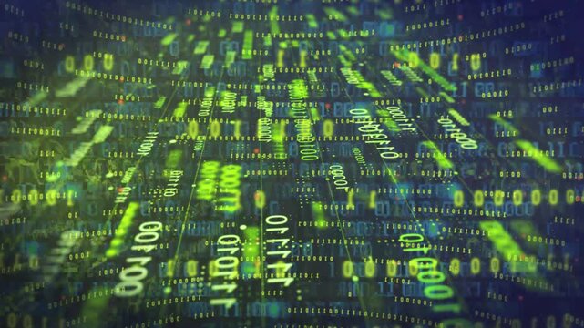 Digital binary code stream flowing in a dark cyberspace environment with glowing green numbers and data processing motion graphics for tech backgrounds