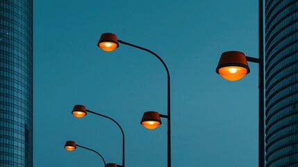 Row of glowing warm orange street lamps stand between two modern glass skyscrapers against deep blue evening sky shows minimalist contemporary urban city infrastructure design
