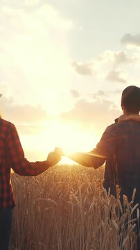A man and woman hold hands in a wheat field at sunset. The wheat field glows as the couple enjoys the warm, golden light of the evening.