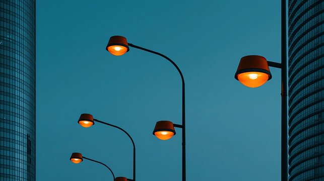 Row of glowing warm orange street lamps stand between two modern glass skyscrapers against deep blue evening sky shows minimalist contemporary urban city infrastructure design