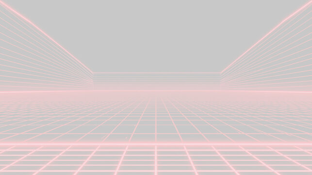 Transparent png futuristic digital grid room with red neon wireframe floor and walls in perspective overlay for technology and virtual space design background line square laboratory infographic tron