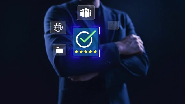 Businessmen point to tick correct sign mark in checkbox for approve quality document and project control. Excellence in document correction, ensuring quality and ISO certification for top Service