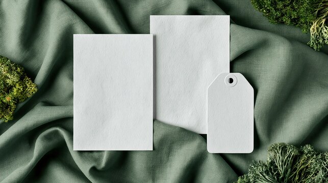 Two blank white paper cards and empty gift tag on sage green linen fabric with natural moss creates elegant minimalist invitation template for wedding or brand design projects