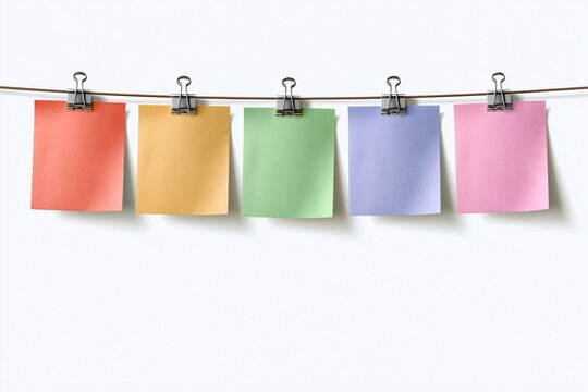 Five colored empty paper notes held by silver binder clips on brown string against plain white background creates clean minimalist template for reminder list or office memo display