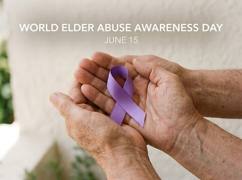 Elderly hands holding a purple awareness ribbon for world elder abuse awareness day celebration