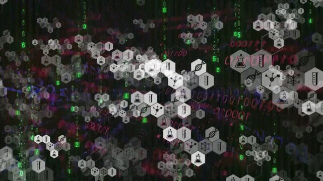Digital science hexagon grid motion background featuring animated laboratory icons and binary code data flow for futuristic research