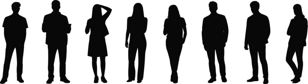 Silhouette collection of eight diverse people standing in a row representing various genders and body types on a white background